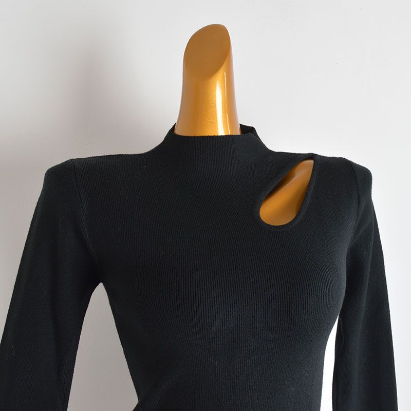 New Arrival Pure Color Stand Collar Pullover Cut Out Shoulder-Baring Sweater Women's Clothing Slim Fit Slimming Long Sleeves Bottoming Shirt Tops