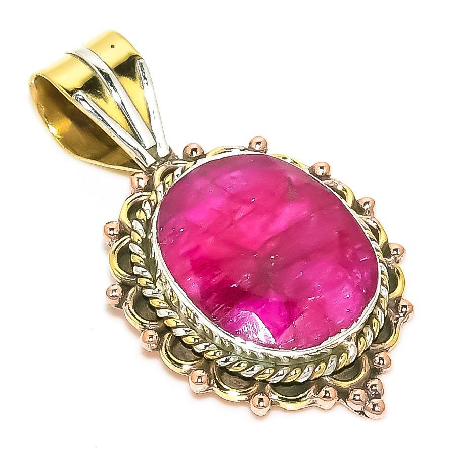 

Red Ruby(Simulated) Handmade 925 Sterling Silver Two Tone Pendant 1.50 M0F26