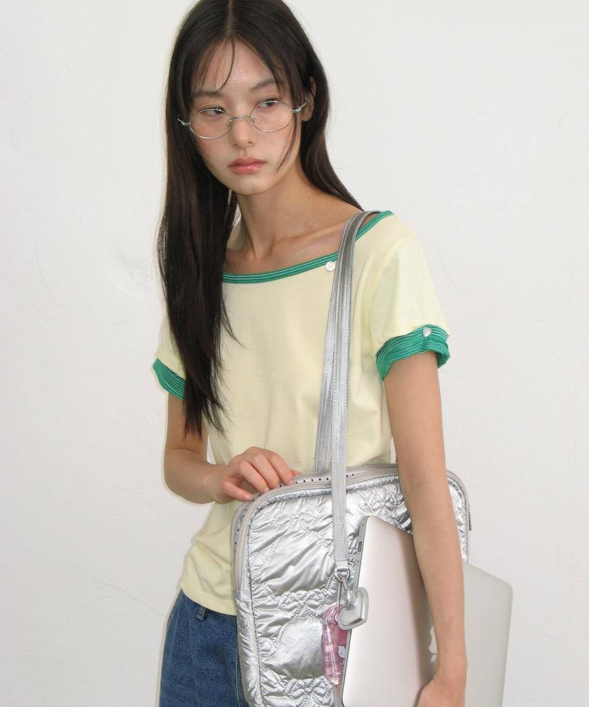 RONRON Heart Button Roll Up Layered T Shirt Soft Yellow