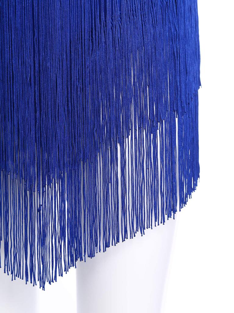 Womens Salsa Latin Dance Performance Costume V Neck Sleeveless Crisscross Back Fringe Crop Top Tiered Tassels Skirt