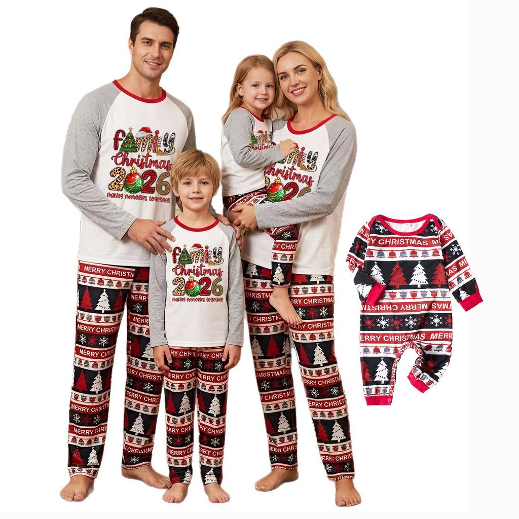 Family Matching Christmas Pajama Set, Long Sleeve Round Neck Top and Pants Loungewear for Holiday