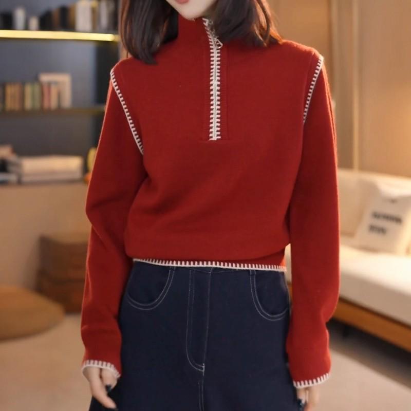Women's Slim Fit Half-Zip Knit Sweater - Korean Design, Contrasting Colors, Stand Collar, Autumn/Winter Style