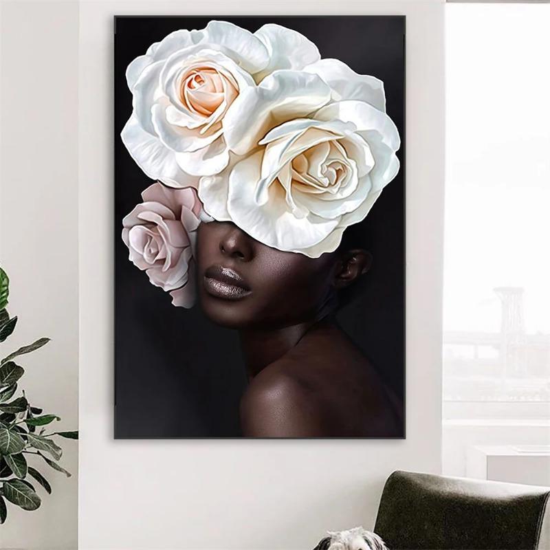 African Woman Canvas Art With Flower Head Poster Floral Head Woman Canvas Painting African American Sexy Woman Prints Bedroom