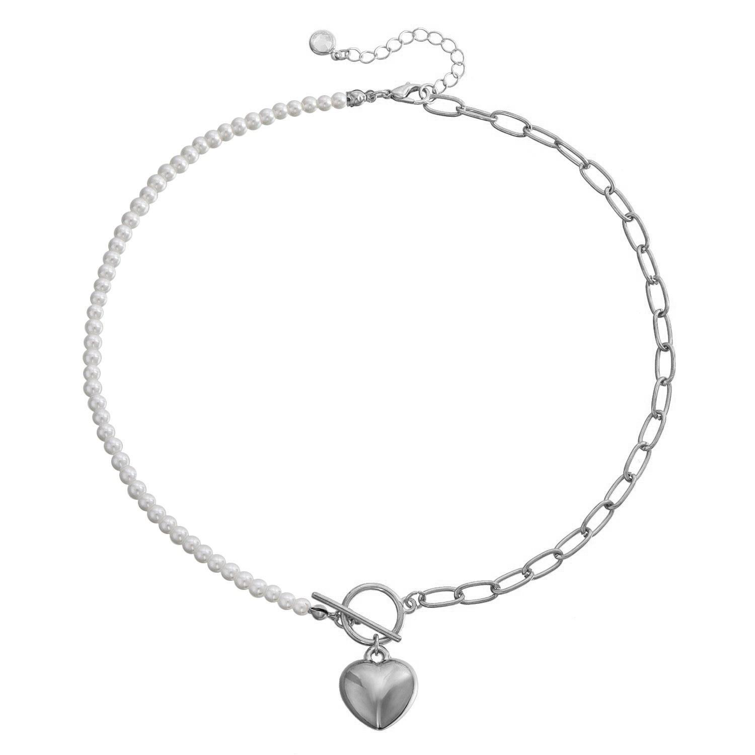 

Simple small imitation pearl splicing chain necklace, geometric love pendant necklace