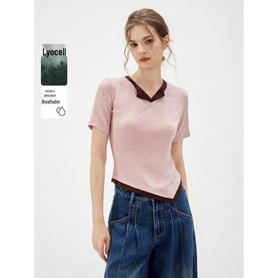 Contrast Lapel Lyocell Short Sleeve T-Shirt