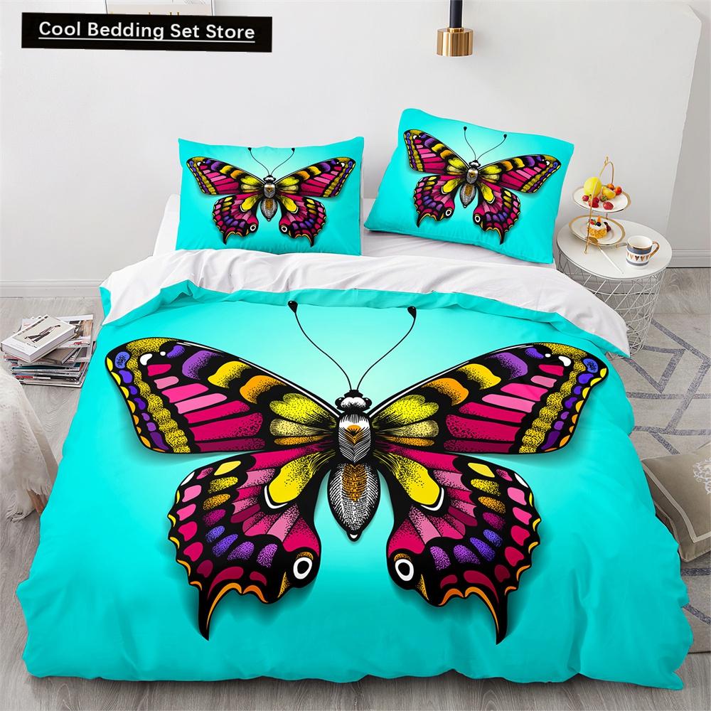 Butterfly Duvet Cover King Queen Colorful Flying Animal Bedding Set for Teens Adults Beautiful Flowers Polyester Quilt Cover