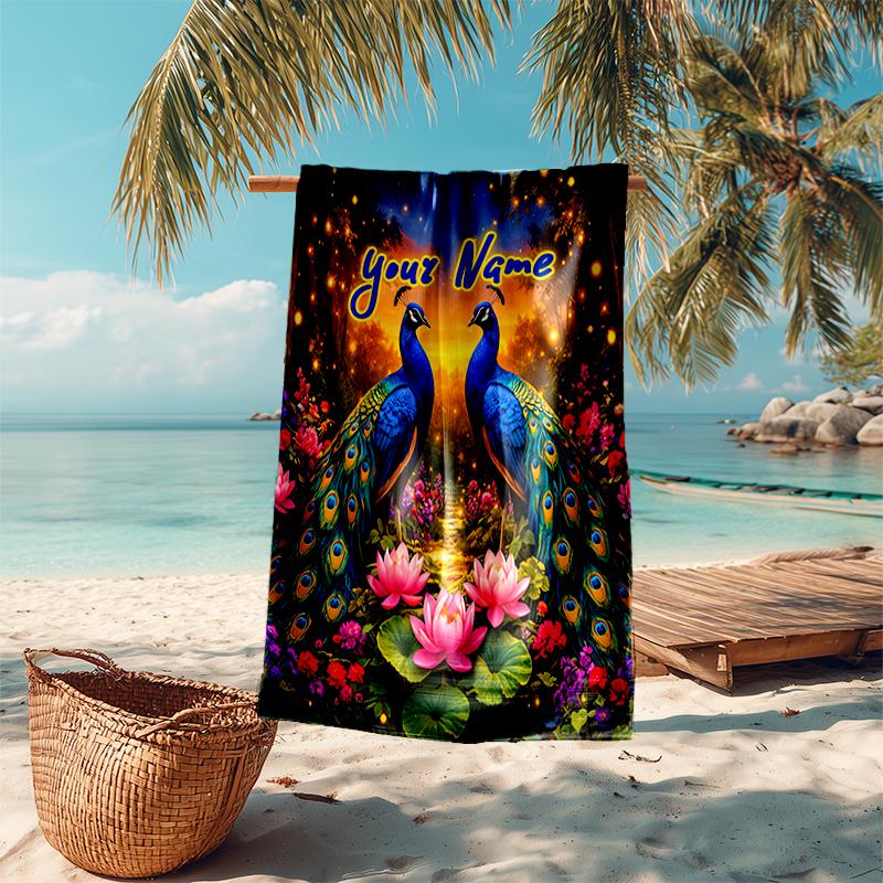 1PC Custom Name Peacock Garden Fantasy Beach Towel Highly Absorbent And Sand-Resistant Towel for Swimming, Pool, Yoga, And Travel Lightweight
