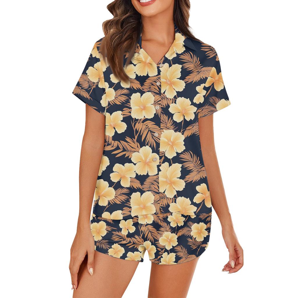 Women's Ice Silk Pajamas Button Homewear Hawaiian Print Short Sleeve Satin Pajama Set