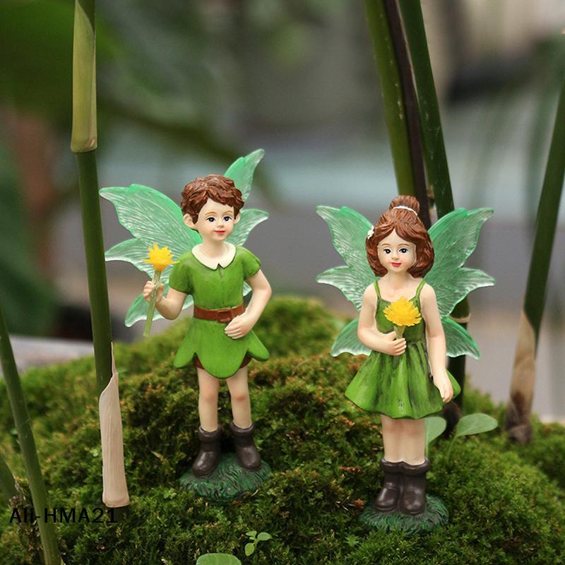 2 Stück Lustige Fee Junge und Mädchen Statue, Feengarten Zubehör, Harz Skulptur für Mikrolandschaft Blumentopf Rasen Hof Garten