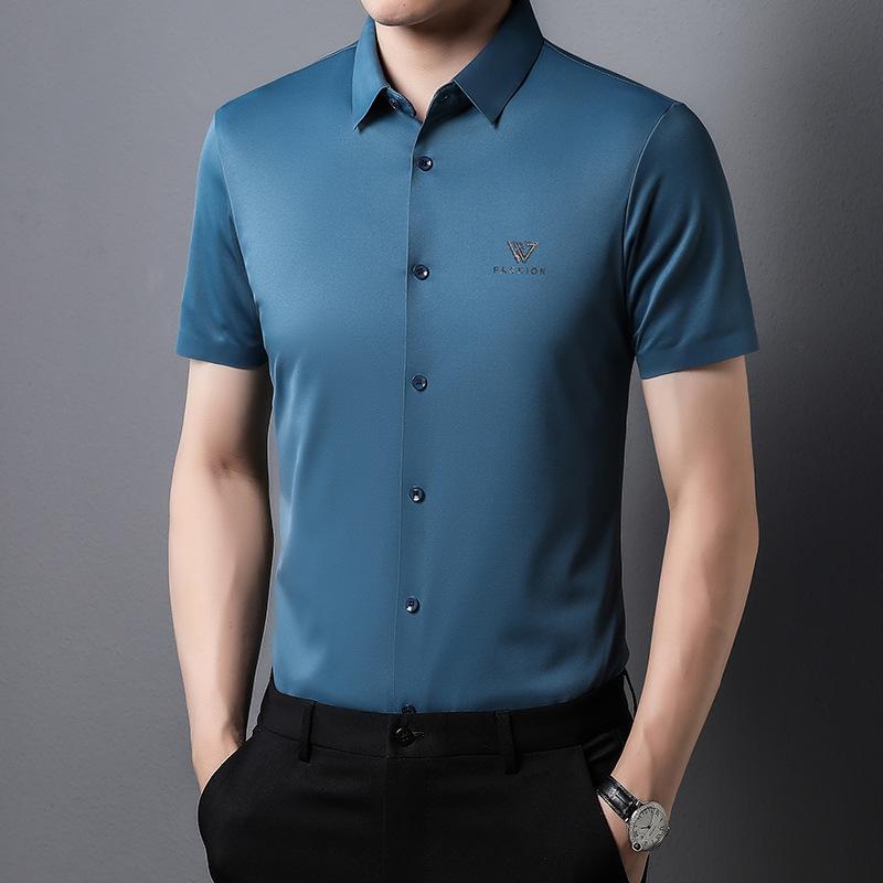 Seamless Men Short-Sleeved Shirt Summer Thin Young and Middle-Aged Men's Clothing Non-Ironing Business Casual Stretch Shirt