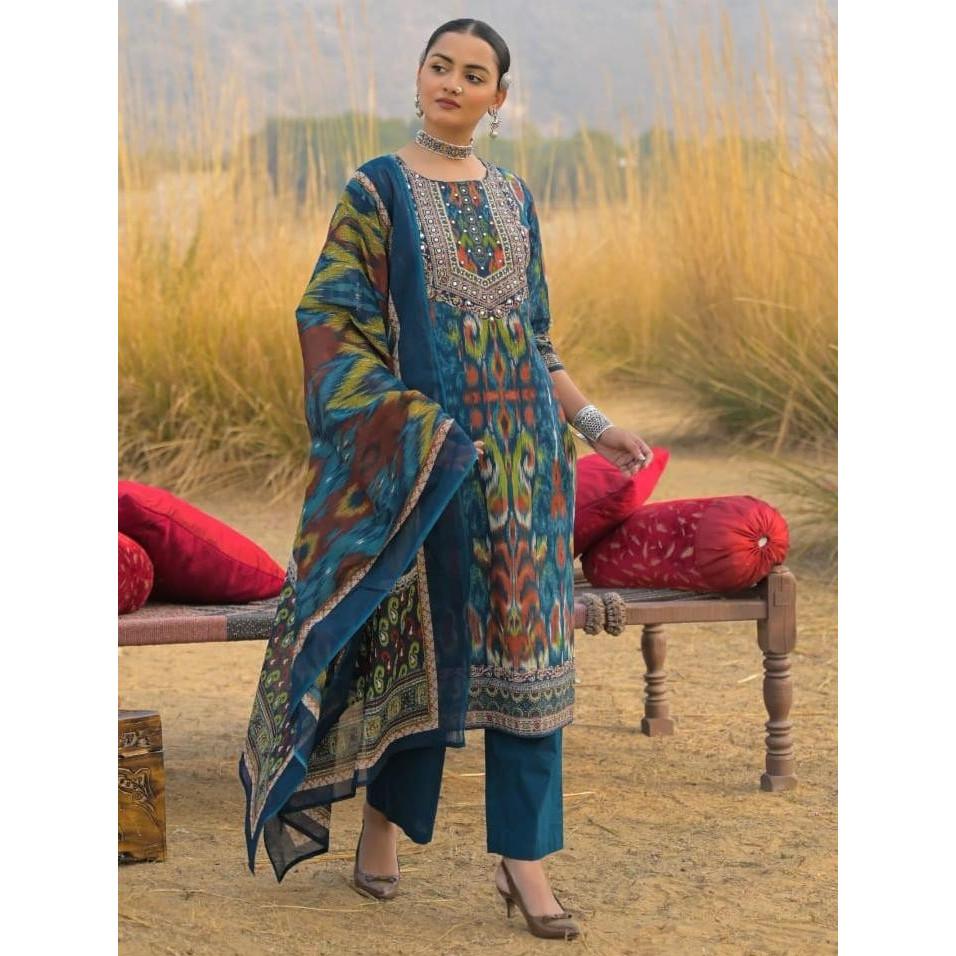 Set Kurta Top Lavorazione Specchio Cotone Pesante Set Kurti Pantaloni Dupatta Indiano Bollywood