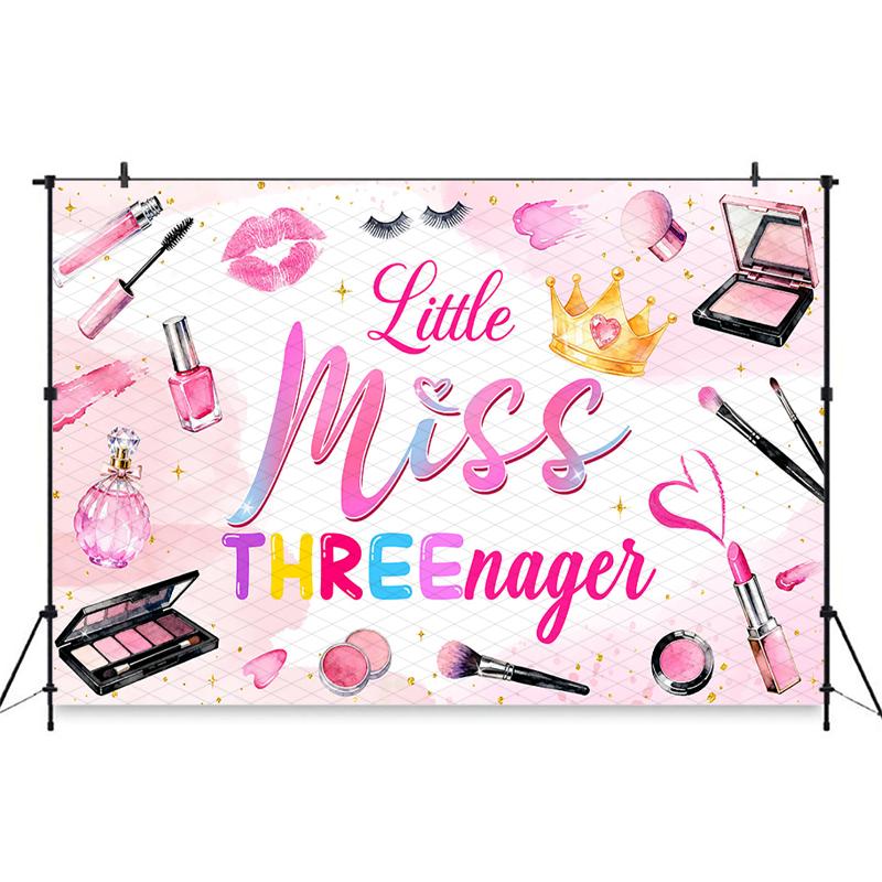 Mocsicka Little Miss Threenager Backdrops Pink Makeup Photography Background Watercolor Princess 3rd Birthday Photo Booth Banner Cotton-150x100cm