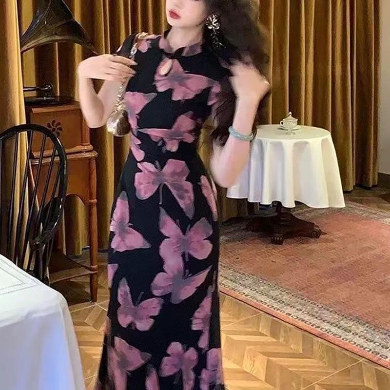 New Chinese Butterfly Print Summer Cheongsam - Short Sleeve Long Dress