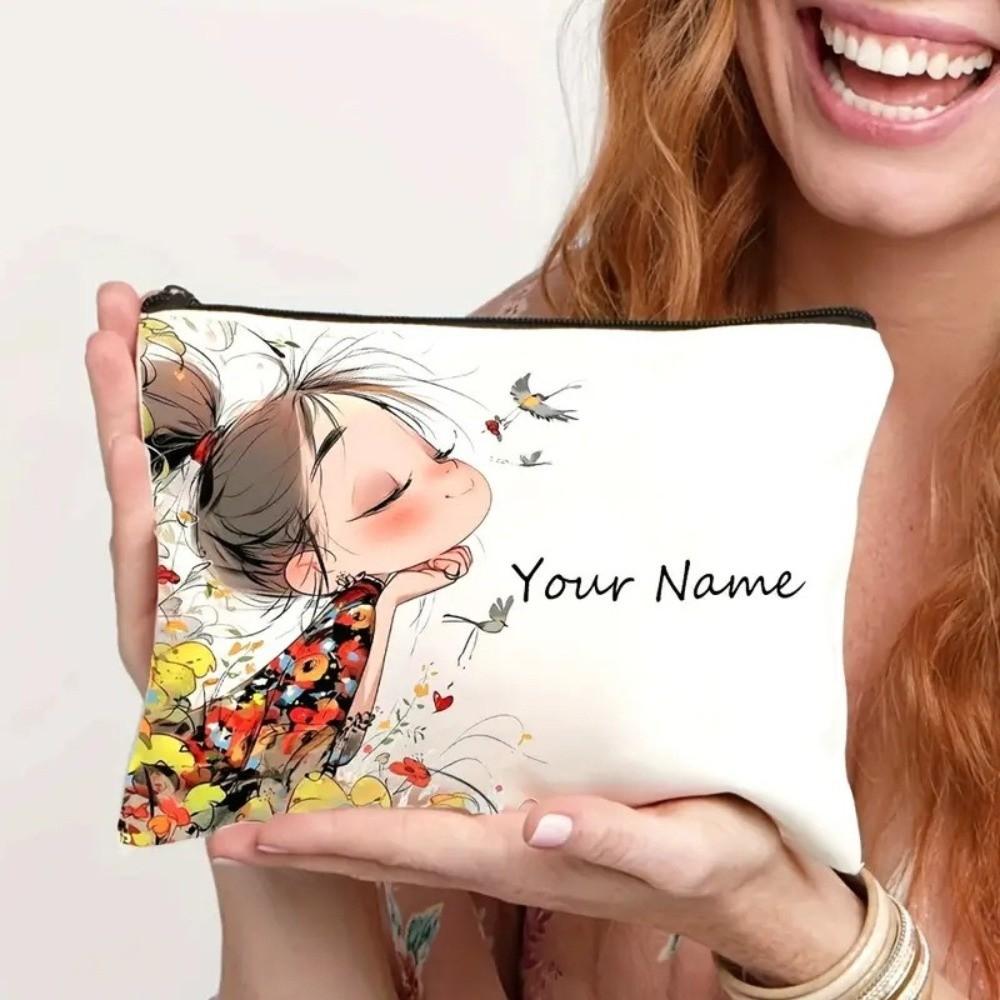 Trendy Vintage Style Makeup Bag Cute Girl Pattern Travel Handbag Toiletry Bag Pencil Case Zipper Cosmetic Bag