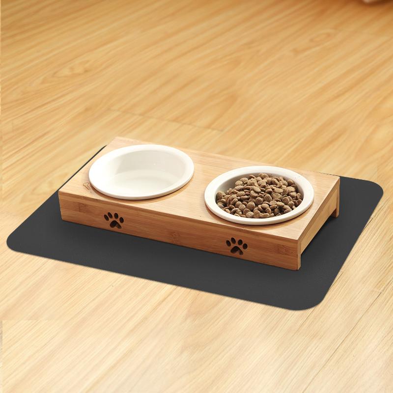 Anti-tip Cat Food Bowl With Dual Porcelain And Bamboo-wood Tilt Protection For Cervical Spine Safety, Pet Meal Feeder Stand