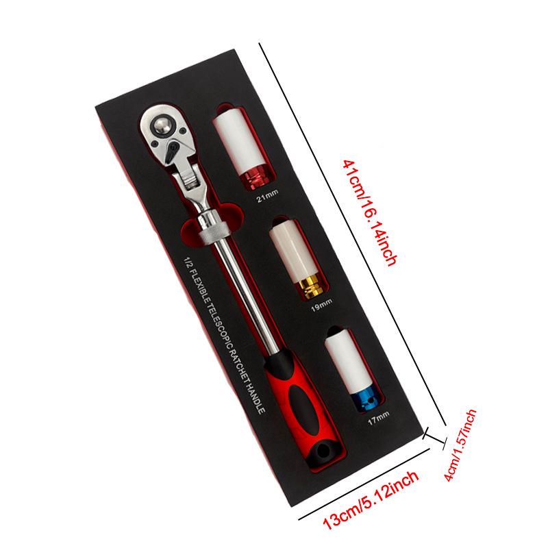 Telescopic Ratchet Wrench Set with Tire Protection Sockets (4-Piece, 1/2 Inch, 17-19-21mm) 4-piece Set