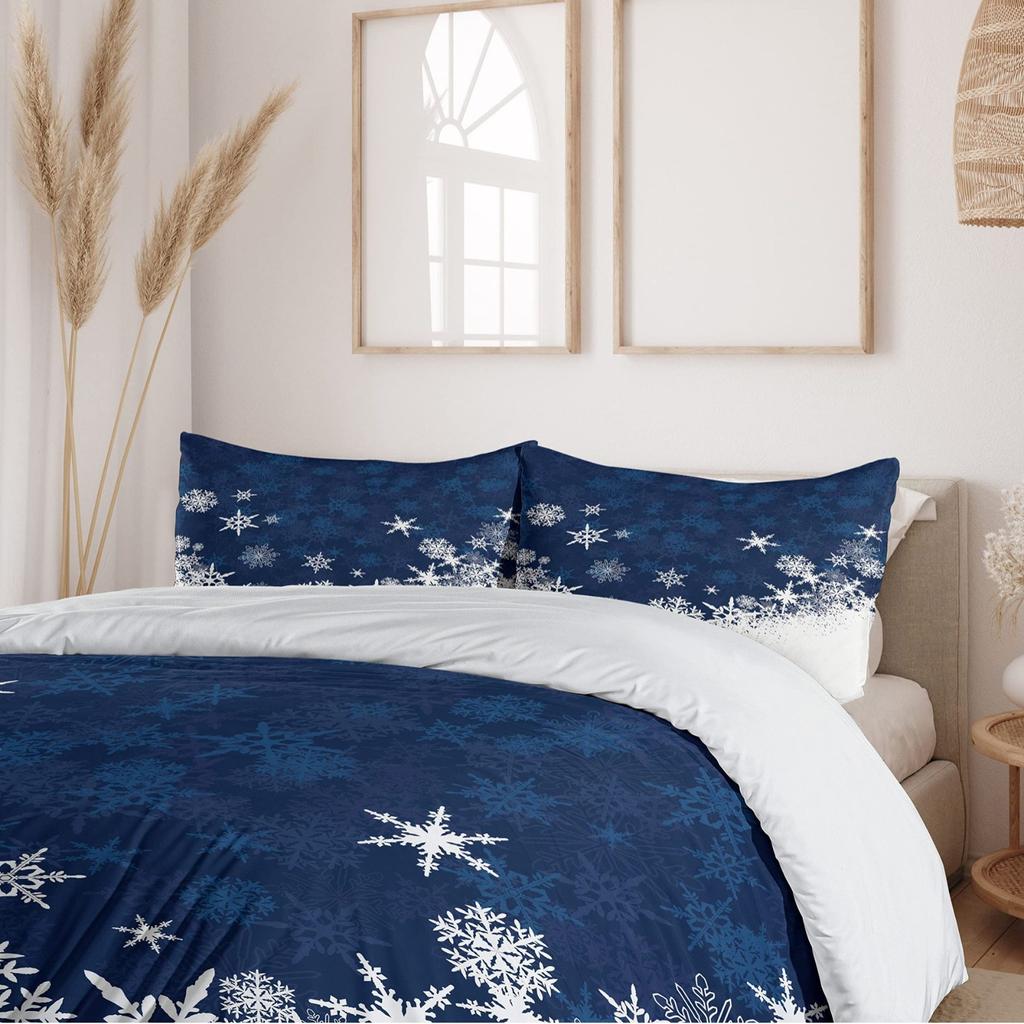 Christmas Themed Three-piece Quilt Cover Digital Printing Bedding Set Blue Snowflake Bed Cover