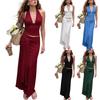 Women's Halter Neck Deep V Neck Top with Tie Detail and Long Skirt Set Casual Two Piece Outfit Summer Beachwear