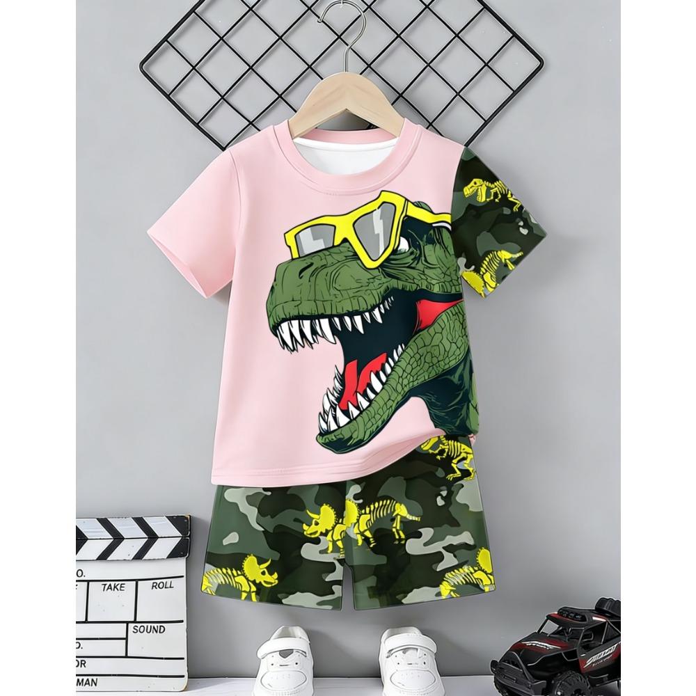 Set Maglia a Maniche Corte Stampata 3D con Dinosauro e Macchina e Pantaloncini Sportivi, Set Maglia Sportiva Casual Estiva