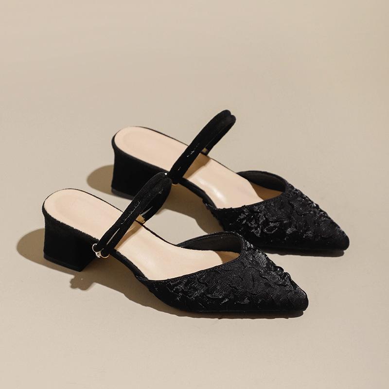 

Fashion pleated silk high heels sandals women pointed toe back strap sandalias mujer thick heel tacones summer slides shoes woman 34 чёрный