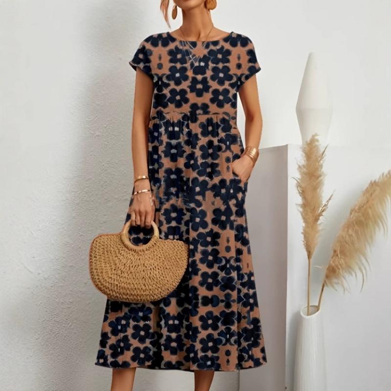 Women's Loose Cotton Linen Summer Dress with Round Neck and Pocket