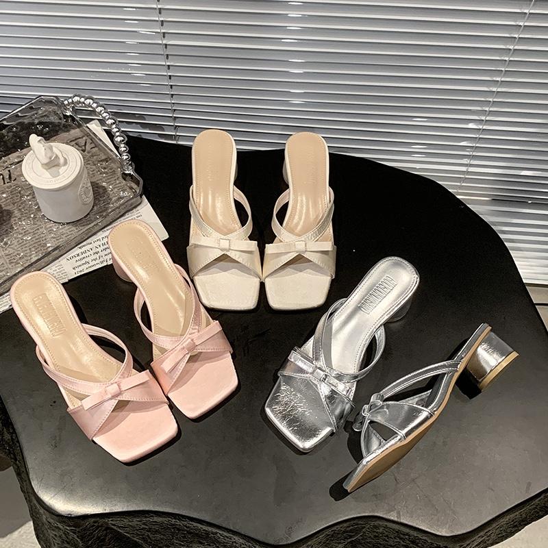 2025 Summer New Fashion Thick Heel Square Toe Open Toe Satin Bow Holiday  Slip-on Women's Sandals