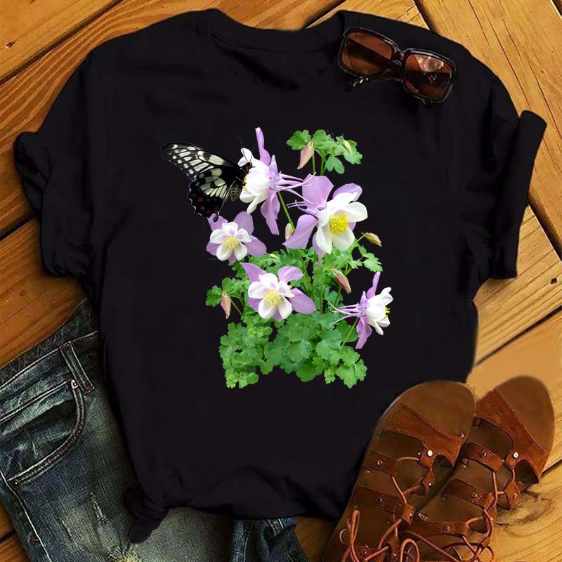 Women Flower Butterfly Fashion Print T Shirt Casual Short Sleeve Ladies T Tee Female Top Shirt Clothes Womens Graphic T-shirt
