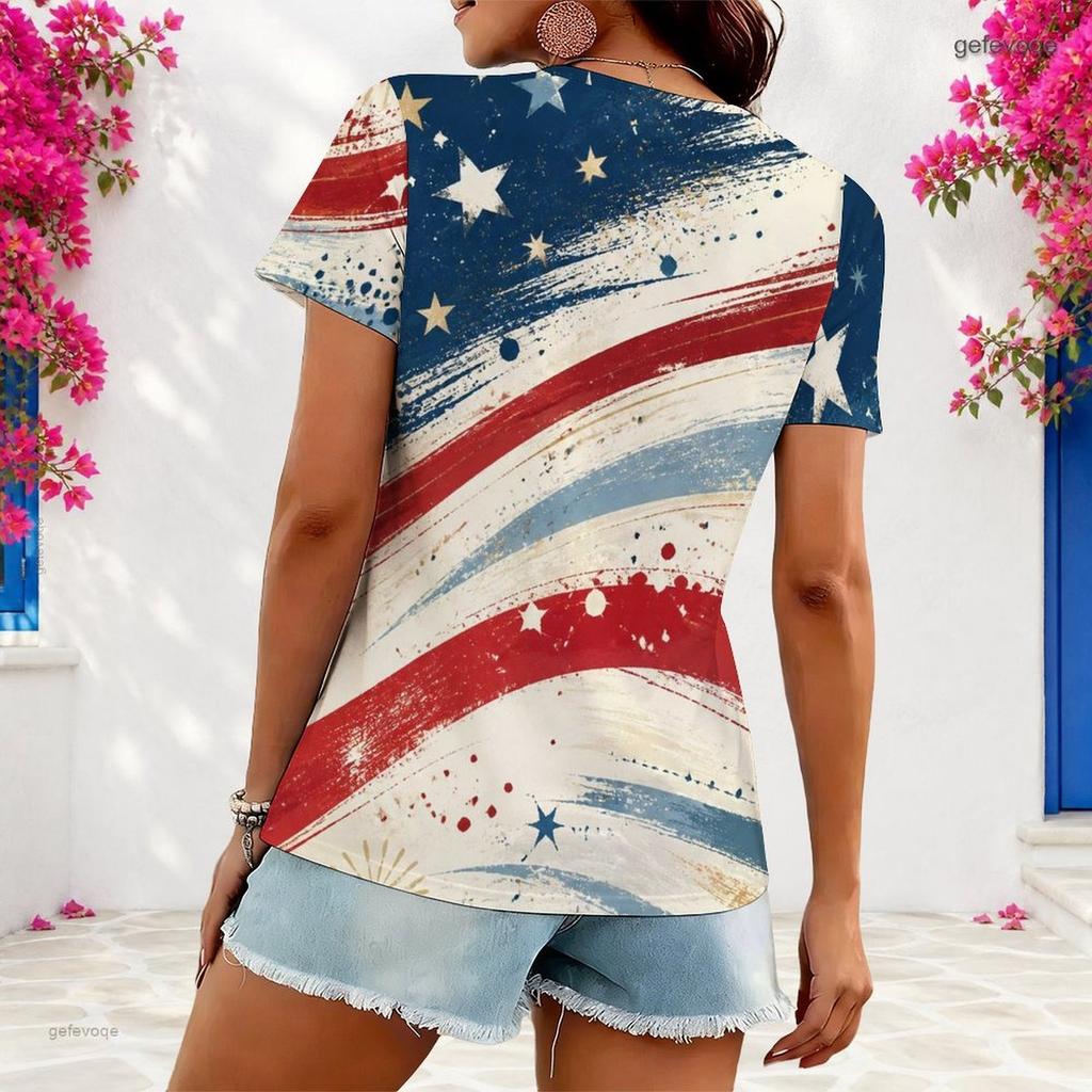 Women Plus Size Asymmetric Neck Short Sleeve Top Vintage American Flag Star Stripe Art Print