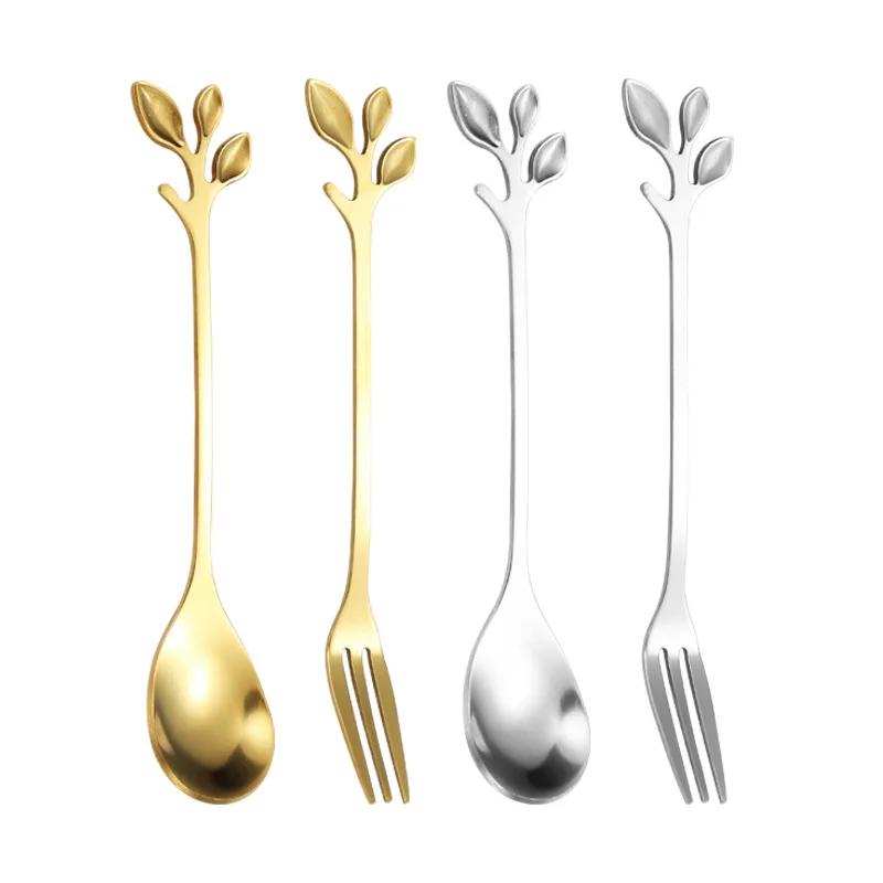 Creative Stainless Steel Leaves Spoon Fruit Fork Coffee Spoon Dessert Ice Cream Scoop Kitchen Accessories Tableware Decoration