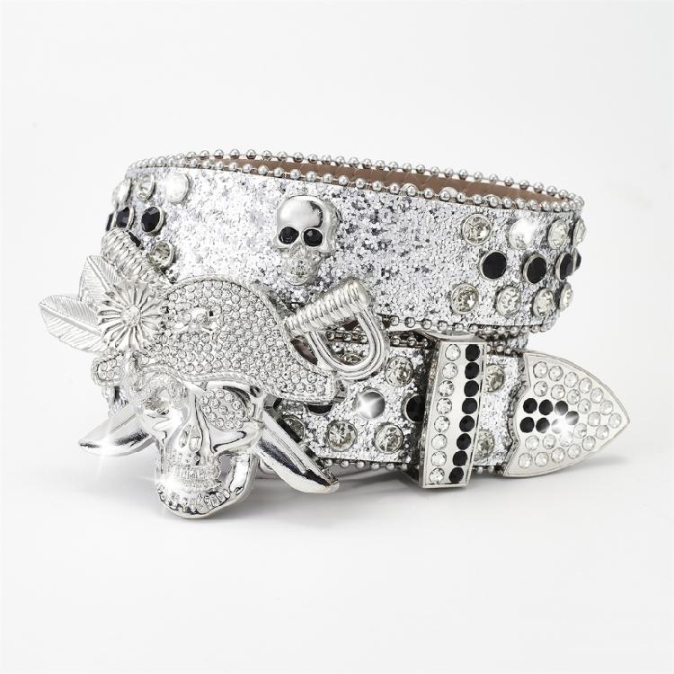Popular Rhinestones Studded Skull Buckle Belt for Adult Sequined Belt All Matching Western Belt Glittering Belt for Daily