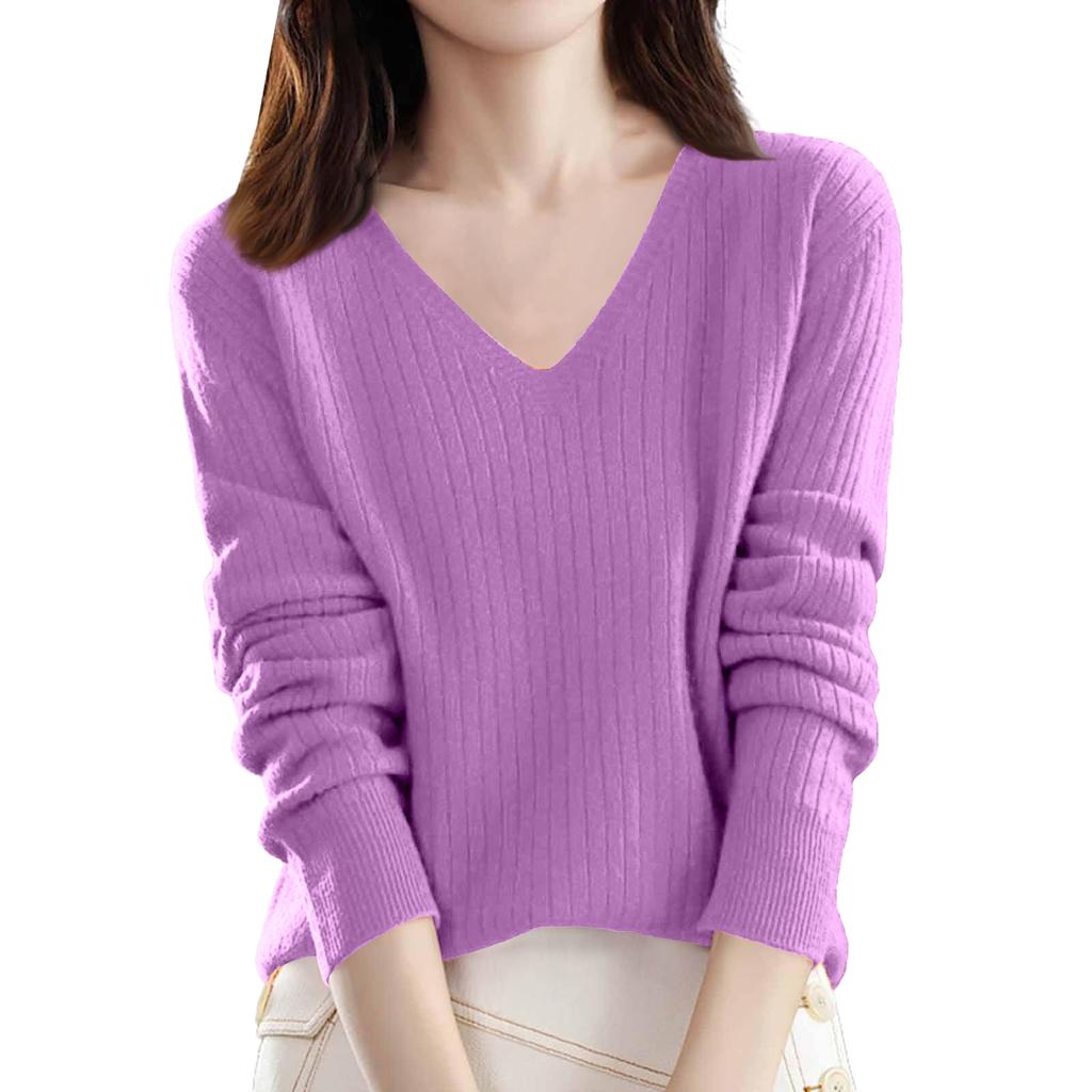 Women's Loose-Fit Knitted Base Layer Sweater V-Neck Pullover Long Sleeves Solid Colour