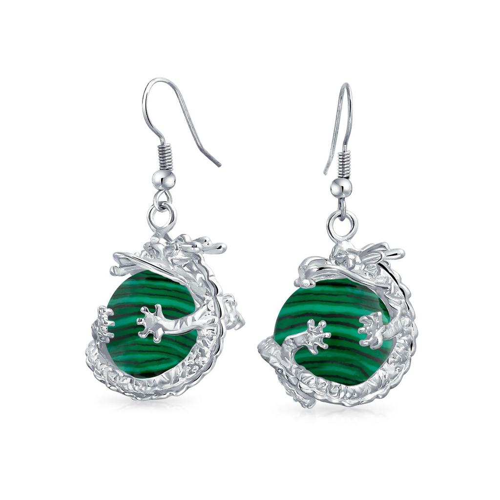 Asian Dragon Earrings for Women and Teenagers Encased In a Large Dangling Orb of Trendy Dark Green Malachite Gemstone Round "Chinese Ball"