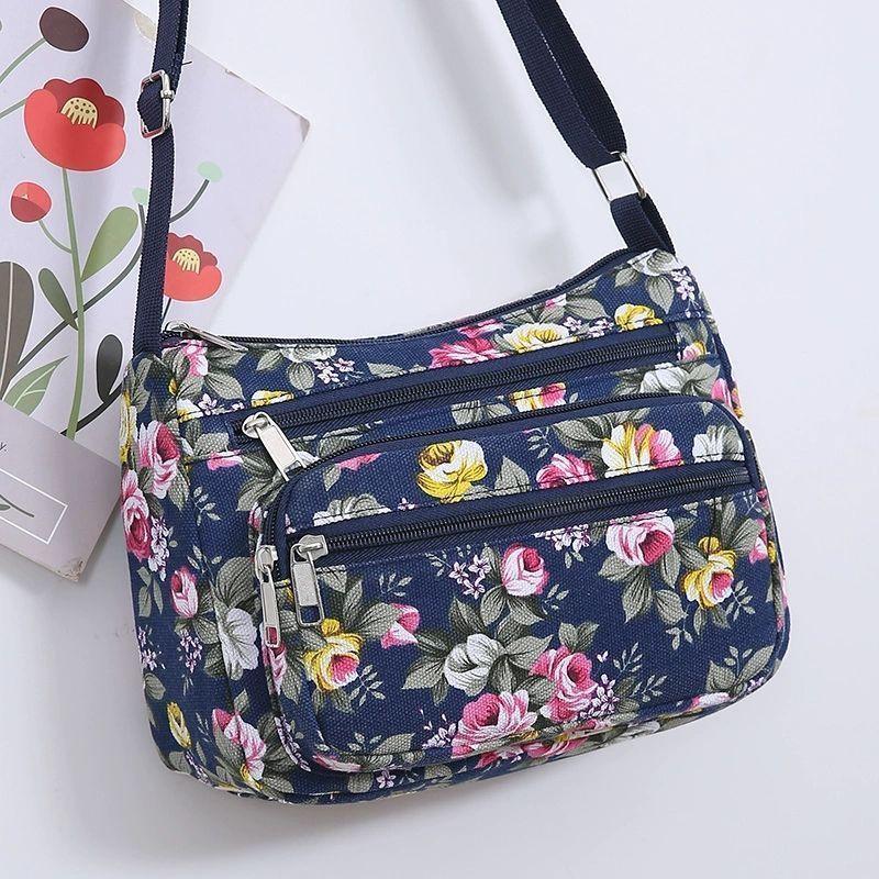 2025 New Fashion Joker Printed Lightweight Canvas Shoulder Bag Large Capacity Multi-pocket Zipper Crossbody Bag Middle-aged Mother Bag