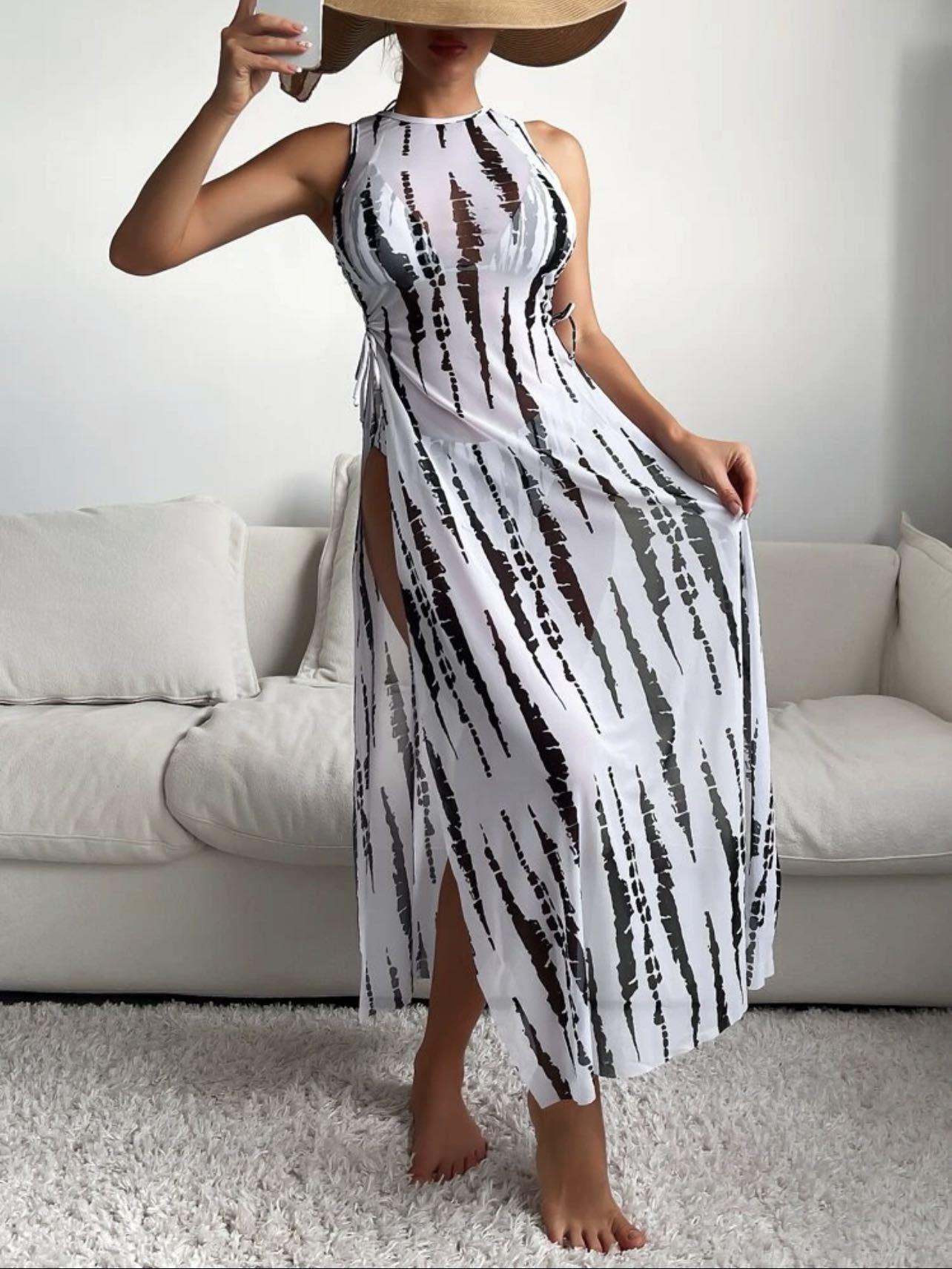 

Европейский и американский сексуальный комплект-тройка: Длинное сетчатое платье и купальник бикини с принтом Medium