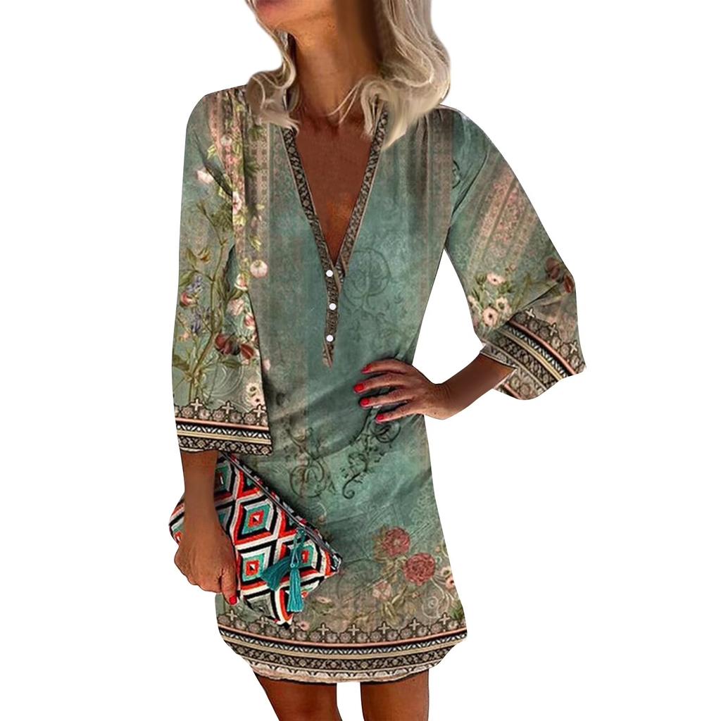 Women’s Casual Vintage Floral Print V Neck Button Henley Dress with Three Quarter Sleeves and Relaxed Fit for Everyday Wear