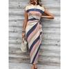 Elegantes Taillenband Gestreiftes Kleid Kurzärmelig Rundhals Schlanke Passform Lässig Sommerkleid Party Bodycon Damen Schnürung Bedruckte Kleidung