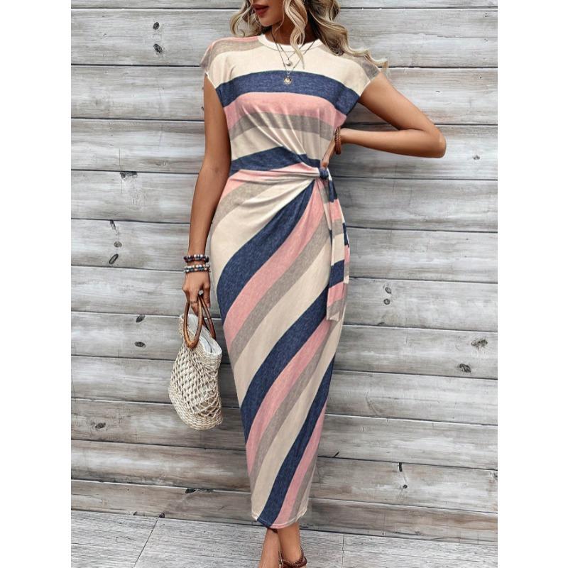 Elegantes Taillenband Gestreiftes Kleid Kurzärmelig Rundhals Schlanke Passform Lässig Sommerkleid Party Bodycon Damen Schnürung Bedruckte Kleidung