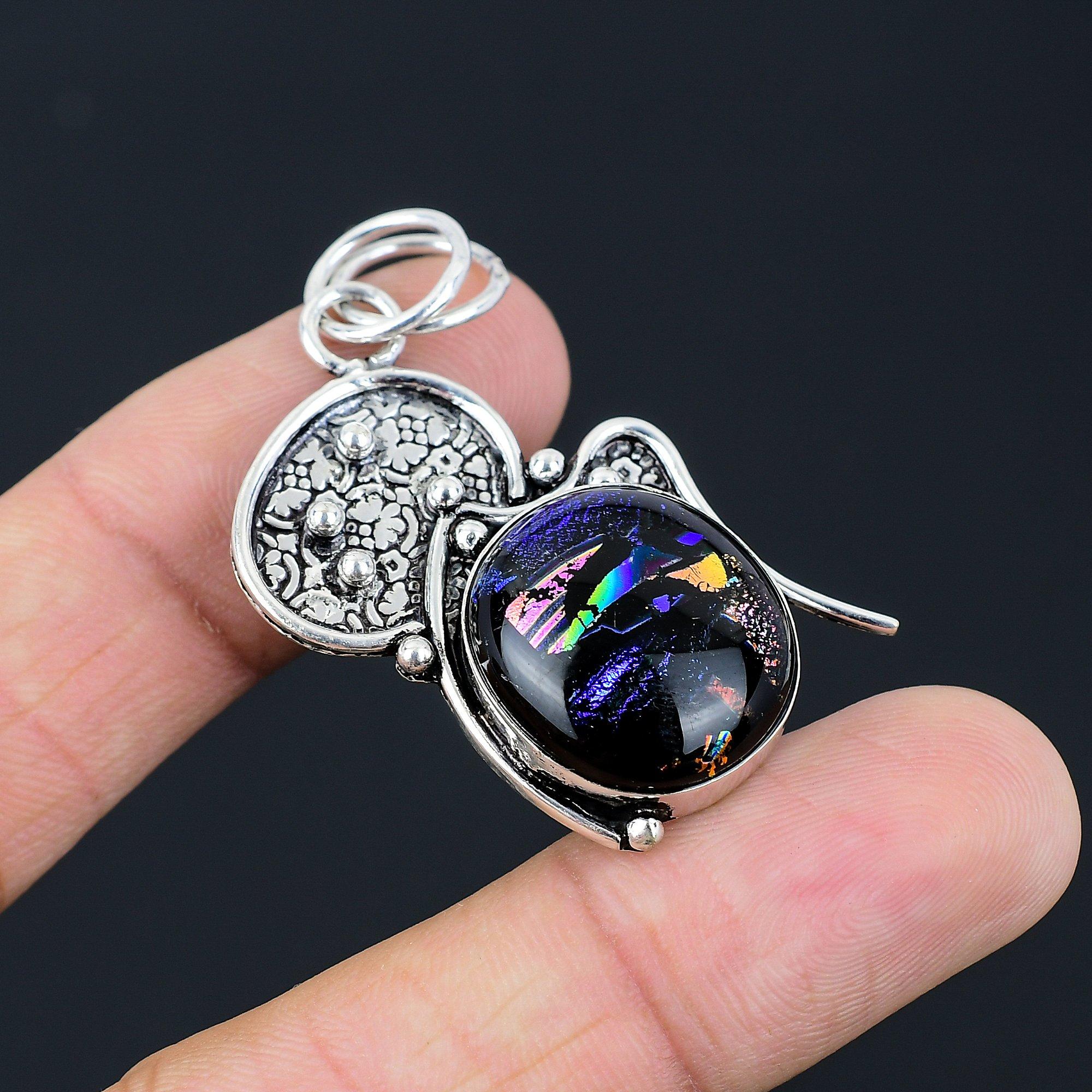 Natural American Dichroic Glass Gemstone 925 Sterling Silver Pendant For Girls