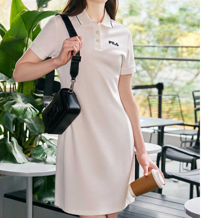 FILA Original Solid Color Casual Comfortable Versatile Polo Collar Short Sleeve Dress Women dresses Cloud-White F51W529316F-WT