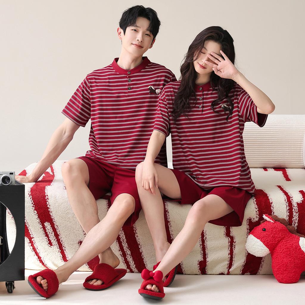 1011 New Couple Pajamas Men's and Women's Summer Pure Cotton Thin Red Wedding Festive Casual Two-piece Loungewear