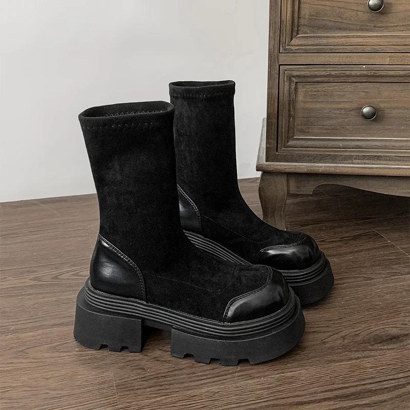 

Дизайнерские Винтажные Женские Эластичные Современные Ботильоны Модные Слипоны Короткие Ботильоны Осень Зима Платформа Каблук Женская Обувь 40 чёрный