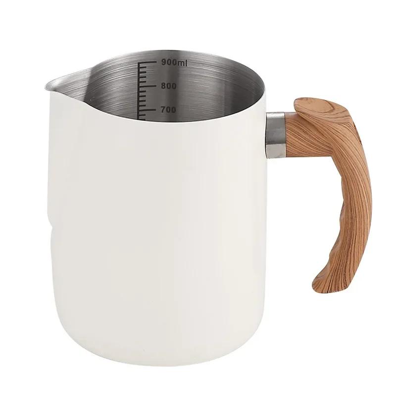 600/1000ML Milk Frothing Pitcher with Precise Scale Wooden Handle Dripless Spout Stainless Steel Latte Coffee Cup Coffeeware