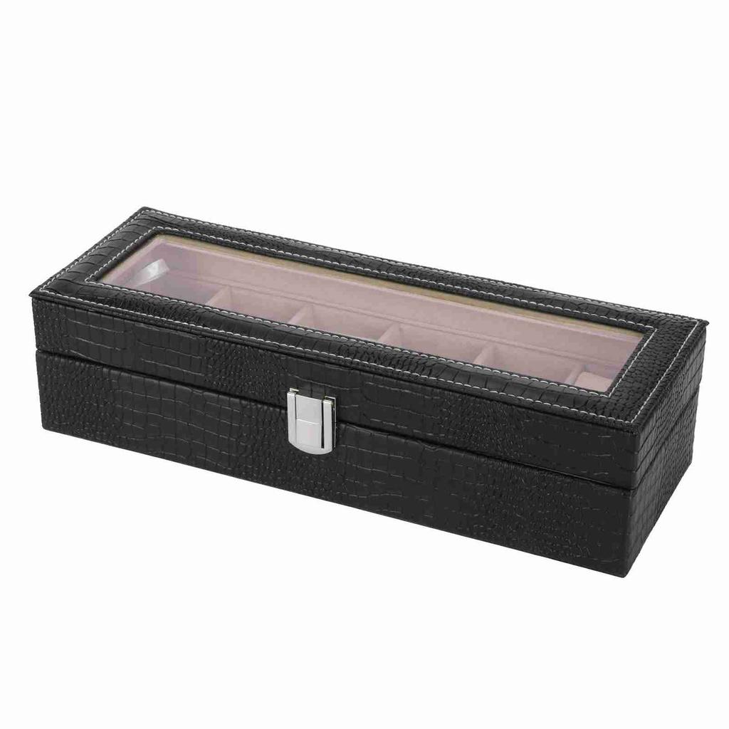 6-Slot Watch Box PU Leather Rectangular Wristwatch Display Case Organizer Gift Black