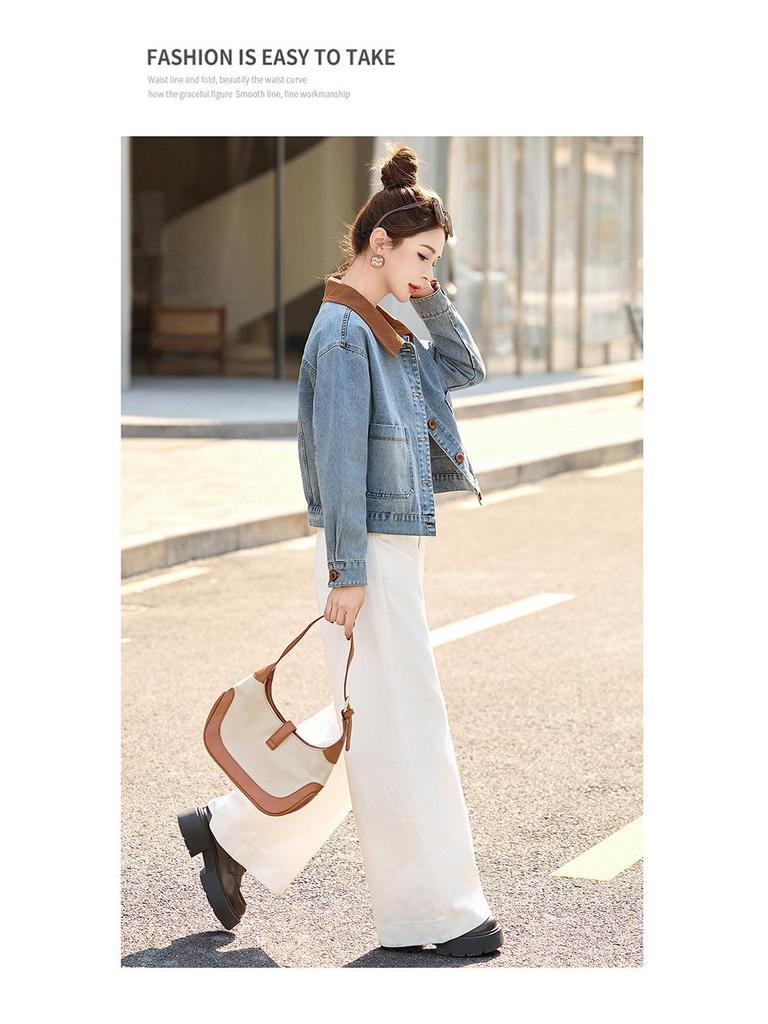 2025 Spring/Fall Retro Color-Block Patchwork Denim Jacket with Turn-Down Collar for Women