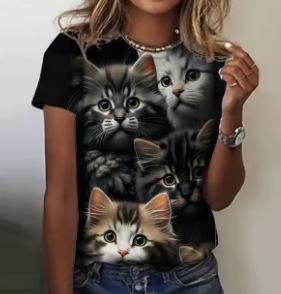 Fashion Women's T-Shirt Printed Kawaii Cat Pattern Short Sleeve Crew Neck Top Summer Outdoor Casual Street