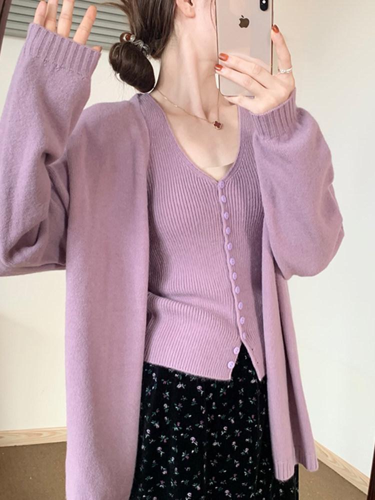 Korean Style Knit V-Neck Cardigan & Camisole Set for Women - Autumn/Winter Sweater Vest Duo