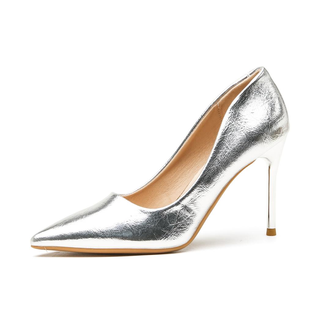 Silberne High Heels Damen Stiletto neuer Rock Temperament weiches Leder gold spitz nicht müde Füße vielseitig Brautjungfer Schuhe