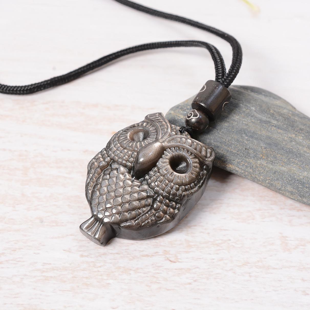 Retro Silver Crystal Obsidian Owl Pendant Necklace