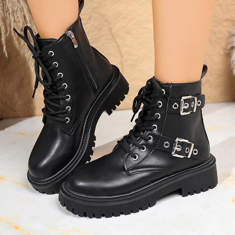 Fashion Fashion Buckle Lace Up Ankle Boots Women Autumn Winter Pu Leather Platform Boots Woman Chic Thick Sole Zipper Motorcycle Booties