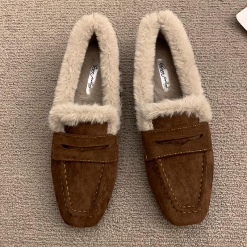 

Модные Зимние Теплые Пушистые Брендовые Балетки Женские Высокого Качества Искусственная Замша Швы Квадратный Носок Дизайн Лоферы Комфортные Нескользящие Zapatos De Mujer 35 шоколадный